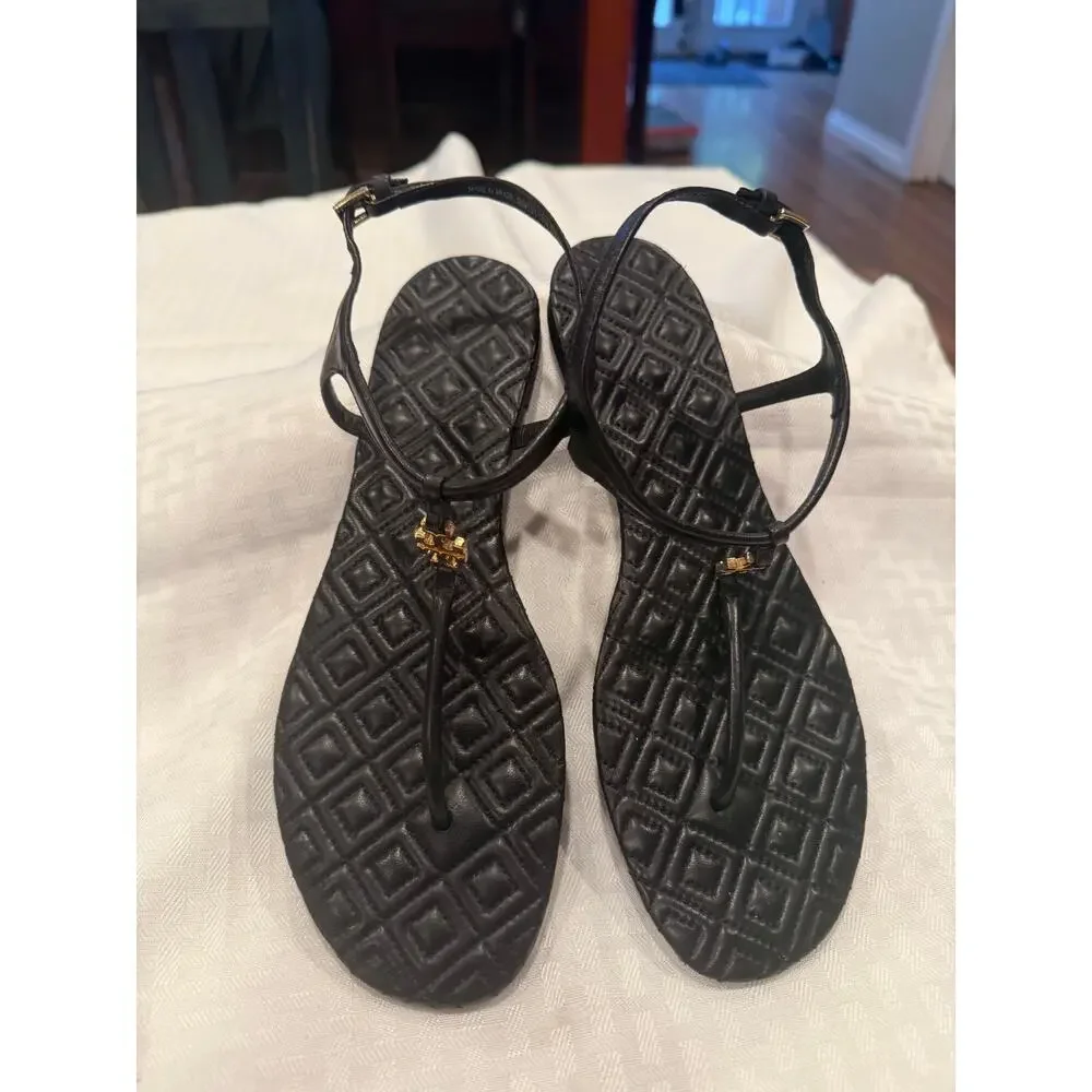 Tory Burch black sandals with gold accents. - Picture 1 of 4